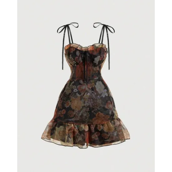 Floral Tiered Corset Gown with Sheer Ruffles With Detachable Skirt