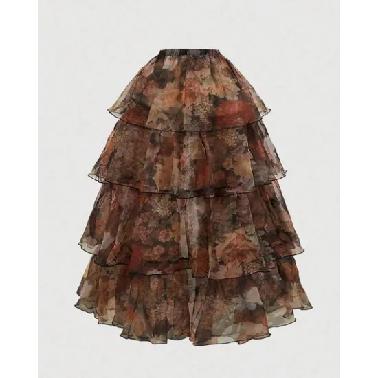 Floral Tiered Corset Gown with Sheer Ruffles With Detachable Skirt