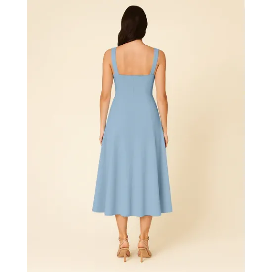 Spaghetti Strap Sweetheart Slit Midi Dress in Light Blue
