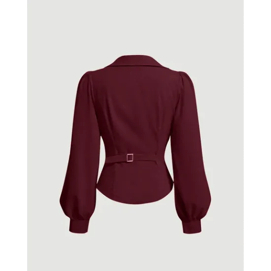 V Neck Top Wrap Front With Lantern Sleeve in Cherry Red