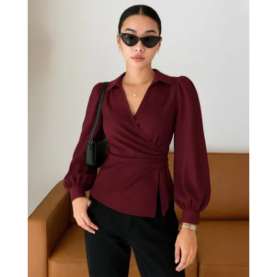 V Neck Top Wrap Front With Lantern Sleeve in Cherry Red