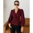 V Neck Top Wrap Front With Lantern Sleeve in Cherry Red