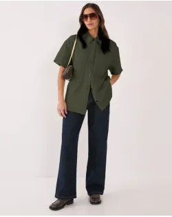 Oversized Button Down Collar Top in Green