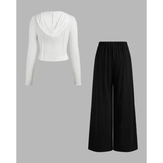 Hooded Solid Top & Mid Rise Pocket Wide Leg Trousers Set