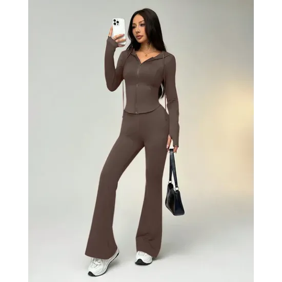 Hugged Fit Sporty Set With Zippered Hoodie In Coca