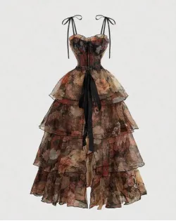 Floral Tiered Corset Gown with Sheer Ruffles With Detachable Skirt